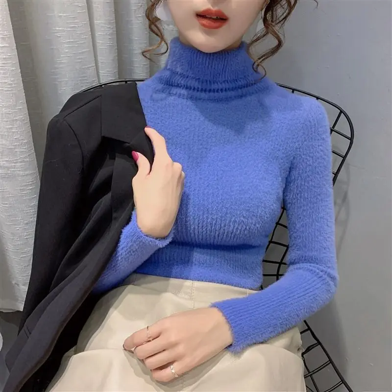 Женский свитер из норки с высоким воротником зимний облегающий пуловер длинным