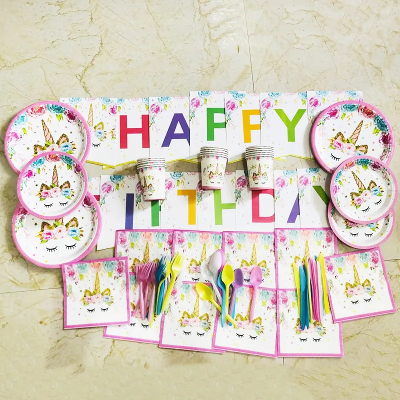 Единорог День Рождения декорации одноразовые набор столовых приборов шар чашки