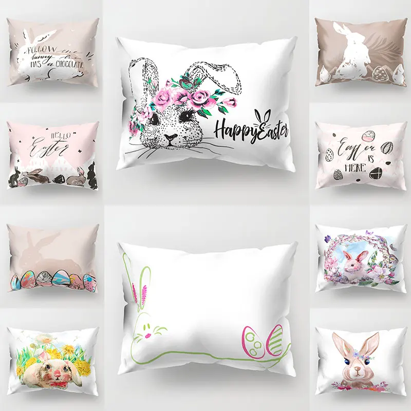 

Rabbit Easter Printed Pillow Cover Colorful Polyester Simple Fashion Pillowcase Soft Comfortable Waist Pillowslip Home Supplies