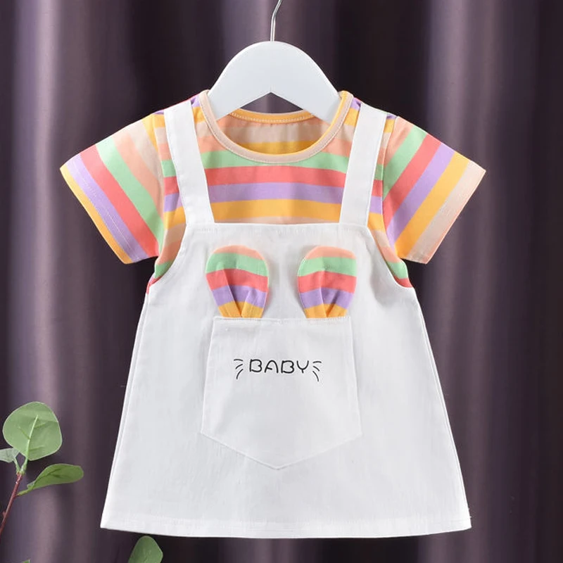 

0-4T Baby Girls Dress Children Cute Color Dress Fake Two-Piece Birthday Party New Year Clothes Summer Toddler Kids Dress