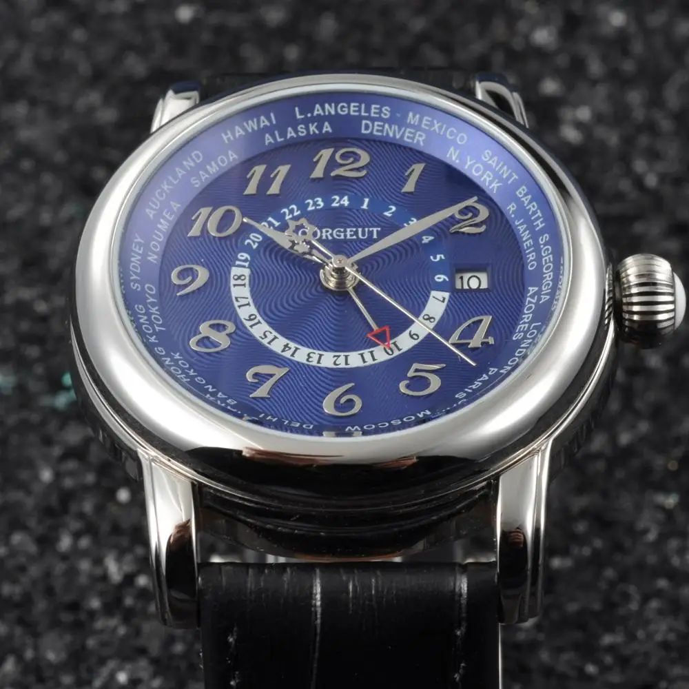 Corgeut 43 мм GMT черный циферблат чехол из нержавеющей стали Натуральная Кожа Дата