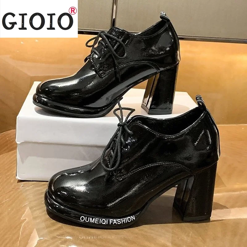 

New Pumps Women Heels Chunky Heel Pumps Shoes Retro Square Toe Lace Up Leather England Style Autumn Pumps Shoes Zapatillas Mujer