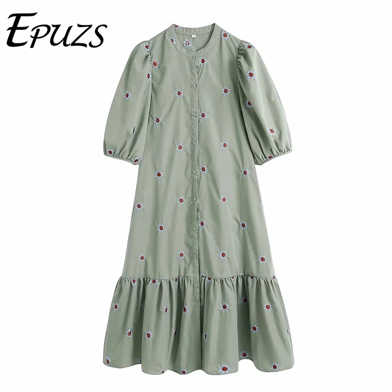 

Женское винтажное платье миди, белое плиссированное платье с цветочной вышивкой и рукавами-фонариками, повседневная одежда, 2022