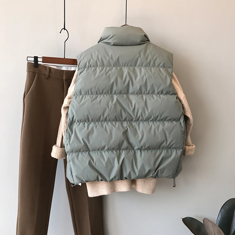 

#0711 Beige Black Green Short Vest Women Stand Collar Loose Sleeveless Jacket Female Thick Vest Coat Winter Black Beige Green