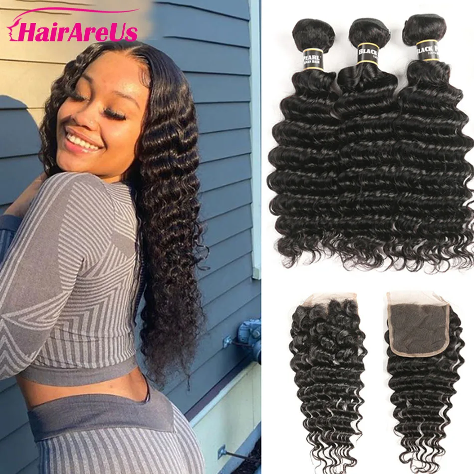 

30 Long Inch Deep Wave Bundles with Closure Remy Brazilian Hair Weave Bundles With Closure Pre Plucked with Baby Hair Remy