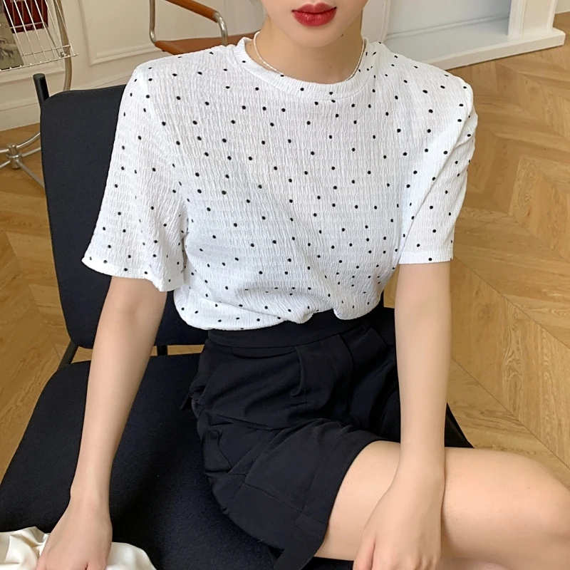 

Женская футболка в горошек, с коротким рукавом и принтом в горошек, свободная, летняя, 2021