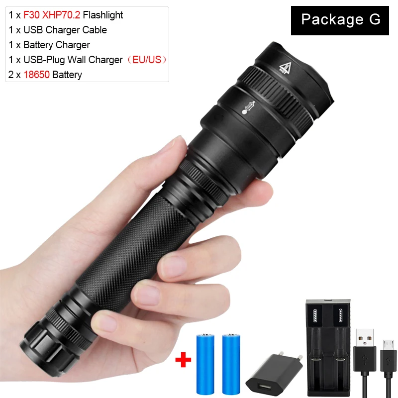 Package G Яркий светодиодный фонарь XHP70.2, мощный фонарь, перезаряжаемый через USB, светодиодный фонарь XHP70 XHP50, фонарик с зумом, аккумулятор 18650 - Испускаемый цвет: Package G