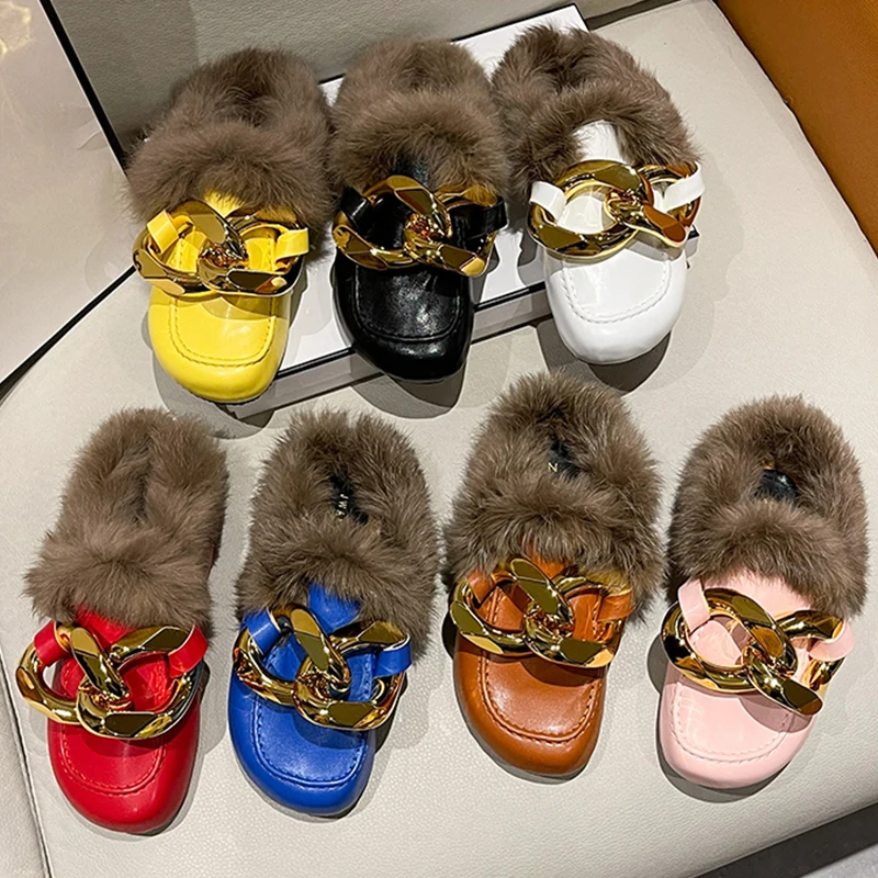 

Big Size 2021 New Women Mules Slippers Winter Flats Furry Shoes Female Casual Outside Flip Flops Metal Slides Ladies Fur Slipper