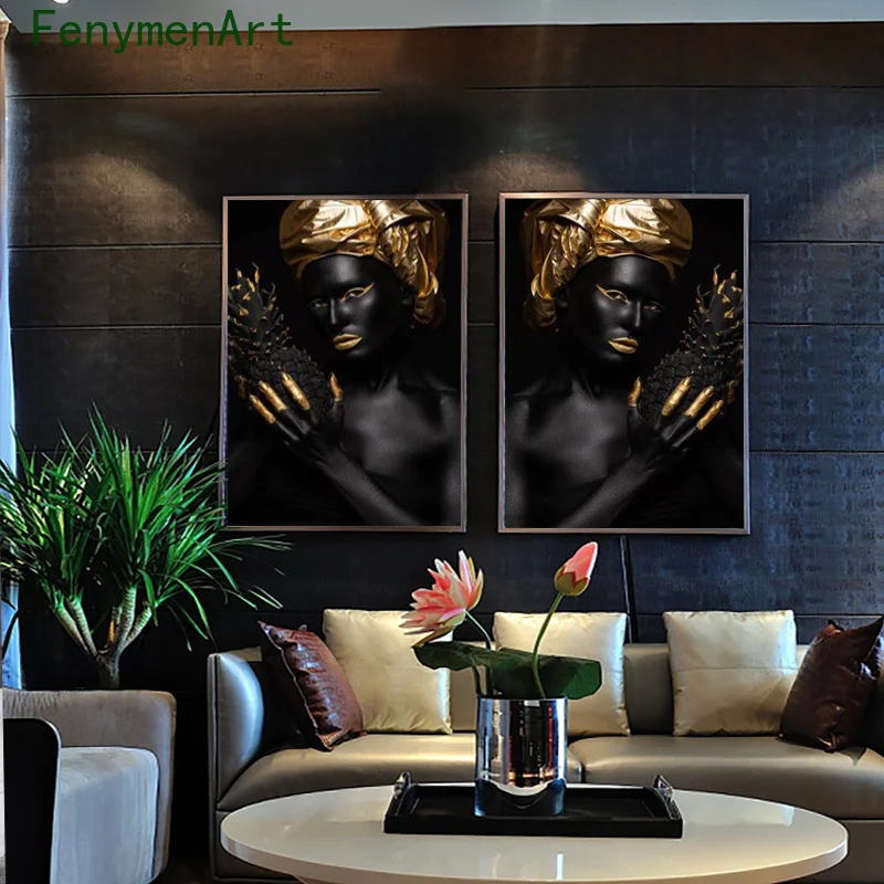 

Black Gold African Woman Painting on Canvas Woman And Pineapple Posters and Prints Modern Wall Art Picture for Home Room Decor
