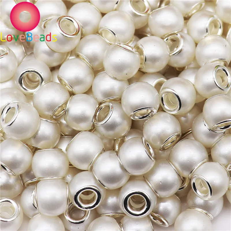 10Pcs White Pearl Bead Large Hole European Murano Spacer Beads Fit European Pandora Bracelet Pendant Charms for Women Jewelry