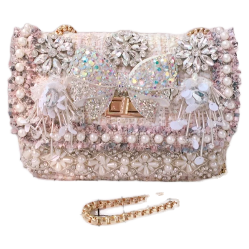 

New leisure Ni children's bag small fragrance pearl rhinestone gemstone shoulder bag chain backpack small square bag