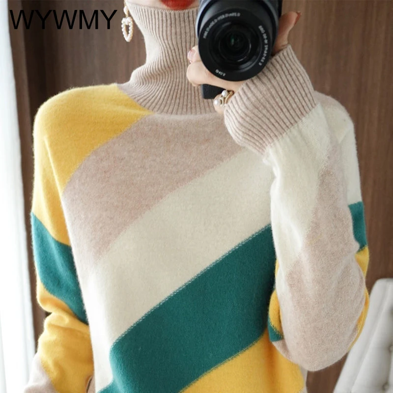 Женский вязаный свитер с высоким воротником, Модный Цветной полосатый пуловер, свитер для женщин, новинка, Осень-зима, утепленный свитер, Же...