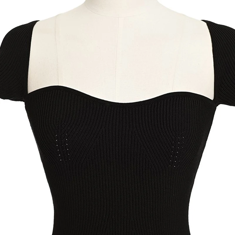 

CHICEVER Slim Bodycon Dress For Women Square Collar Short Sleeve High Waist Black Back Split Sheath Vintage Dresses Female 2021