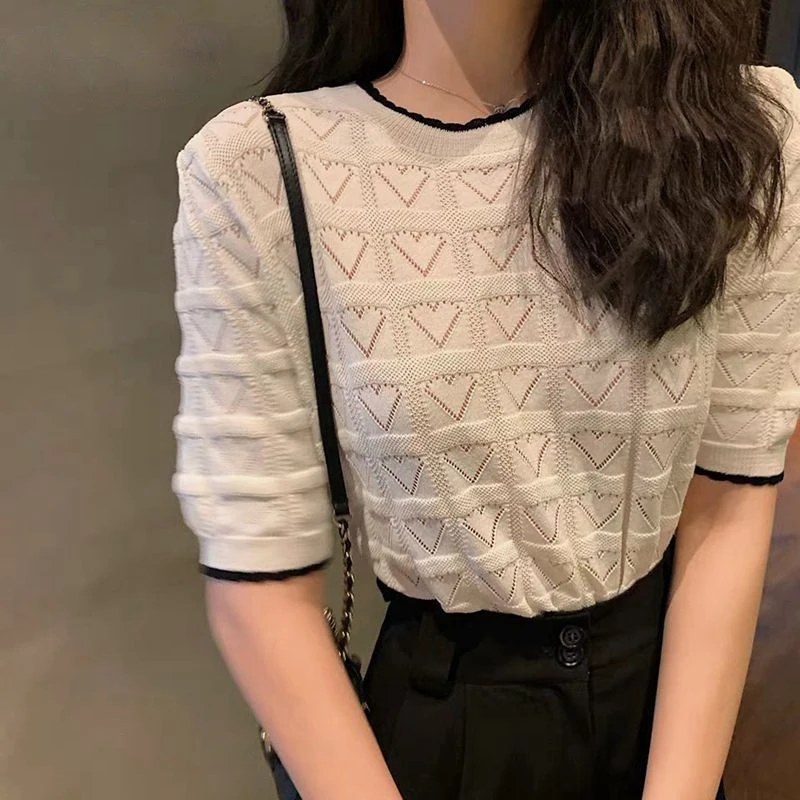 

Love short sleeved knitted T-shirt women spring and summer new 100-tie bottoms loose top sweater women cropped sweater