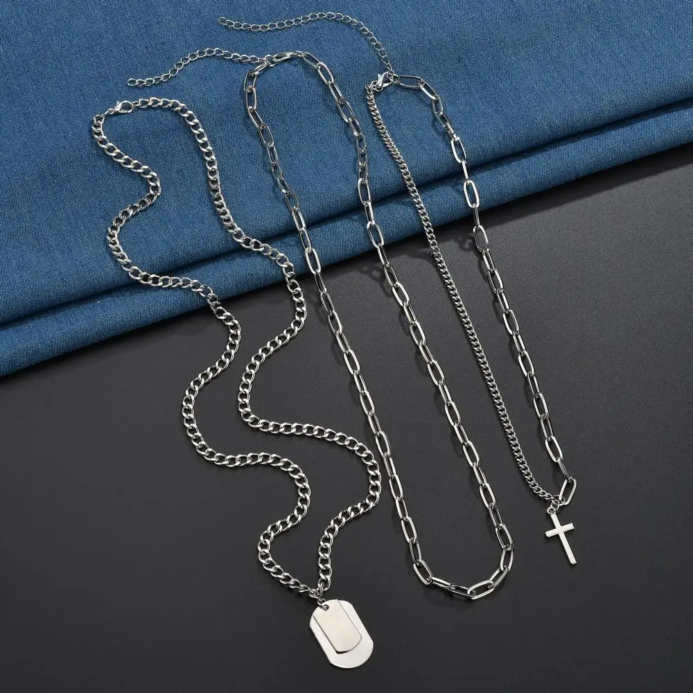 

Charmsmic 3PCS/SET Metal Chain Cross Pendant Necklaces Multilayer Silver Color Circle Charm Necklaces Jewelry Dropshipping