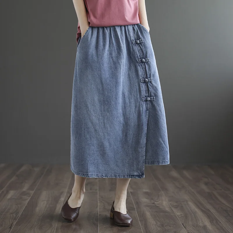 

Повседневная Женская джинсовая юбка с пряжкой, женские юбки с эластичным поясом и асимметричным подолом