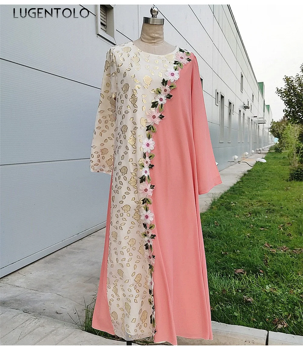 

Lugentolo Women Elegant Dress Embroidered Gold-Woven Color Matching Fashion Muslim Maxi Dress Lady Casual Comfortable Dresses