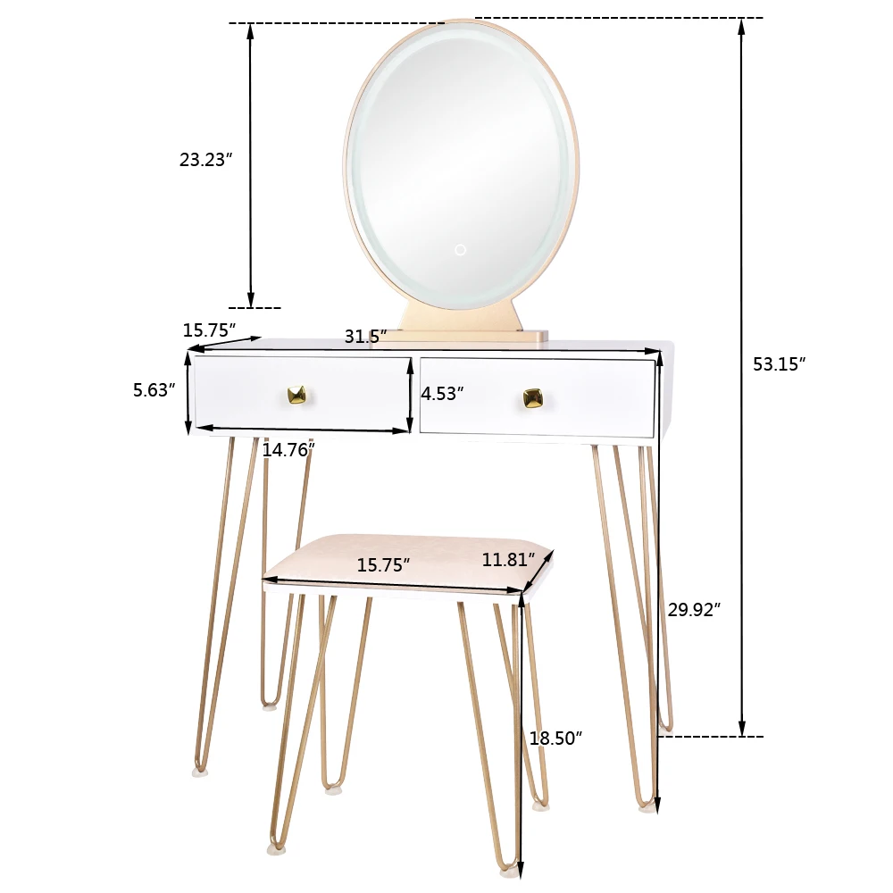 

(ships From USA) Bedroom Dressing Table With Vanity Mirror Lamp And Dressing Stool Golden Iron Foot White Desktop Dressing Table