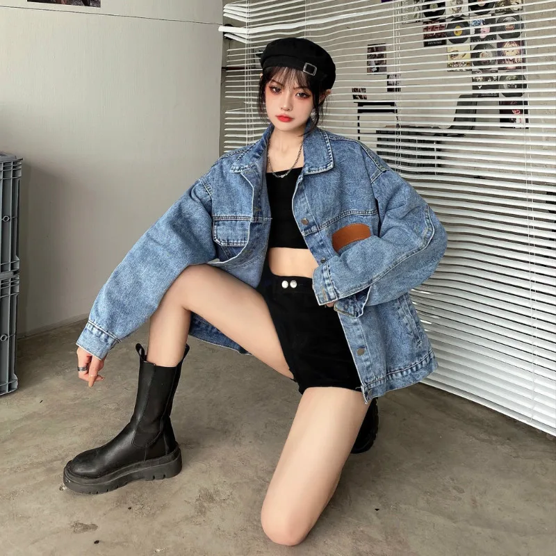 Куртка женская джинсовая короткая с длинным рукавом винтажный пиджак из денима