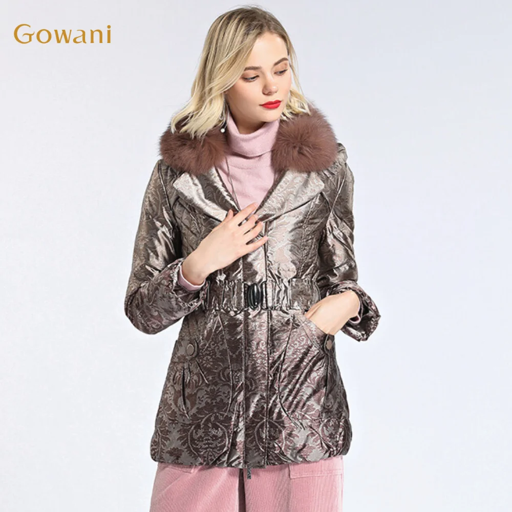 Gowani Real Fur Collar Printed Brown Belted Duck Down Jacket Women Winter Casual Elegant Vintage Coat