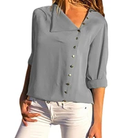 shirts office lady long sleeve blouse irregular skew collar tops single breasted top long sleeve solid color chiffon blouse
