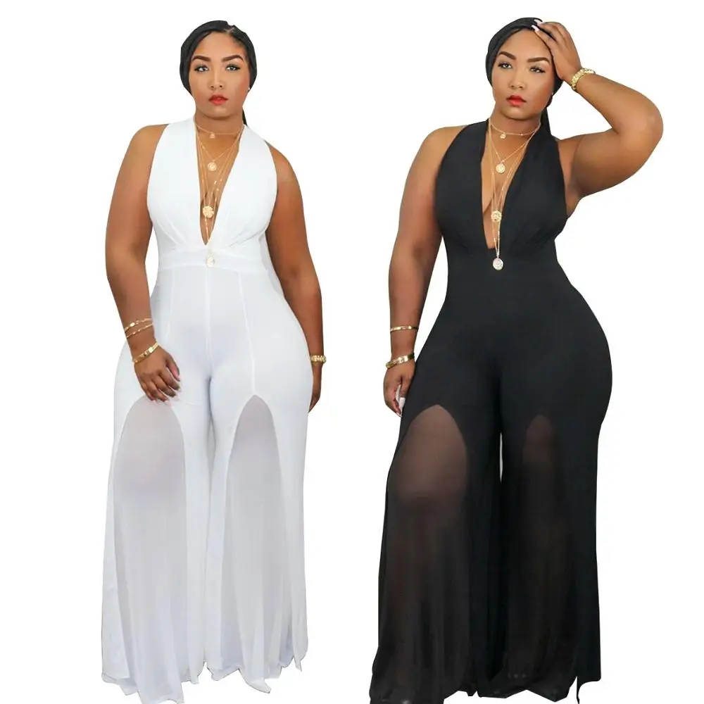 

Women Plus Size XL-5XL Halter Deep V-neck Sleeveless Straight Jumpsuit Streetwear Sexy Club One Piece Overall Rompers