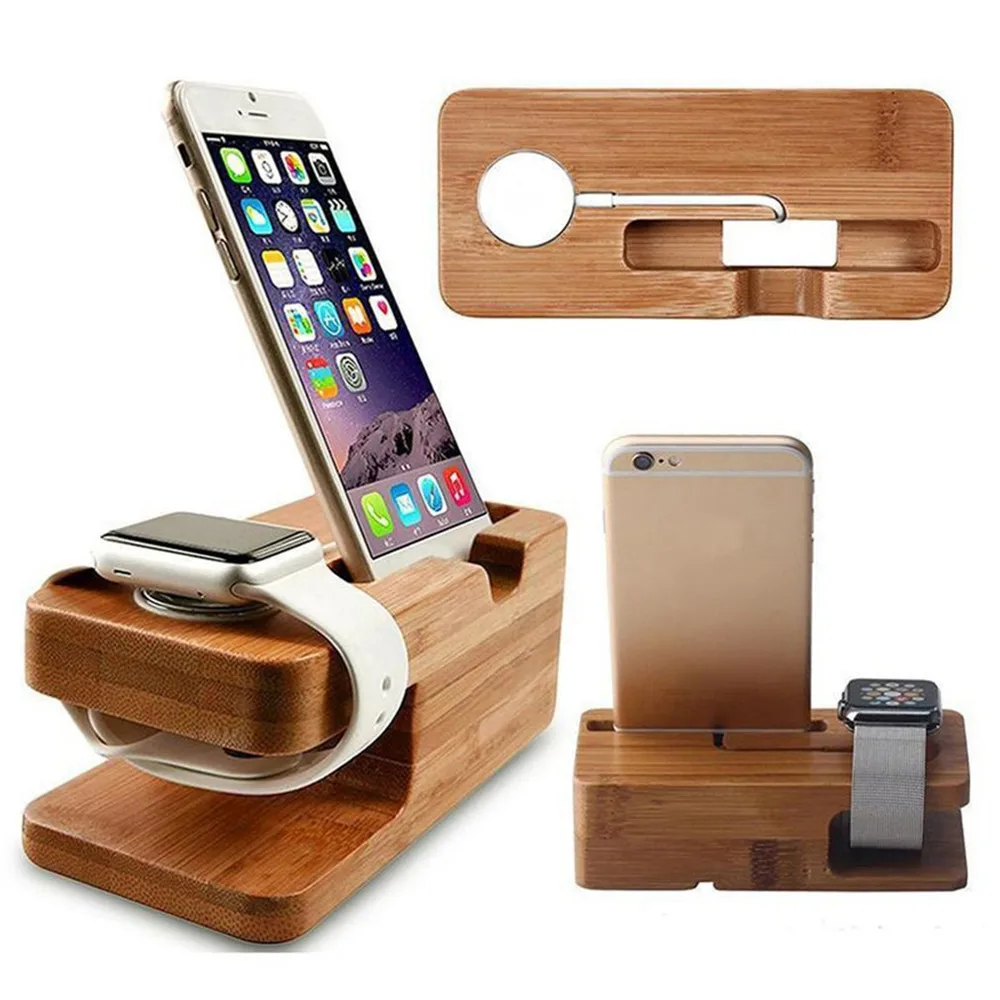 Holz Lade Dock Station für Handy Halter Stehen Bambus Ladegerät Stehen Basis Für Apple Uhr und Für iphone