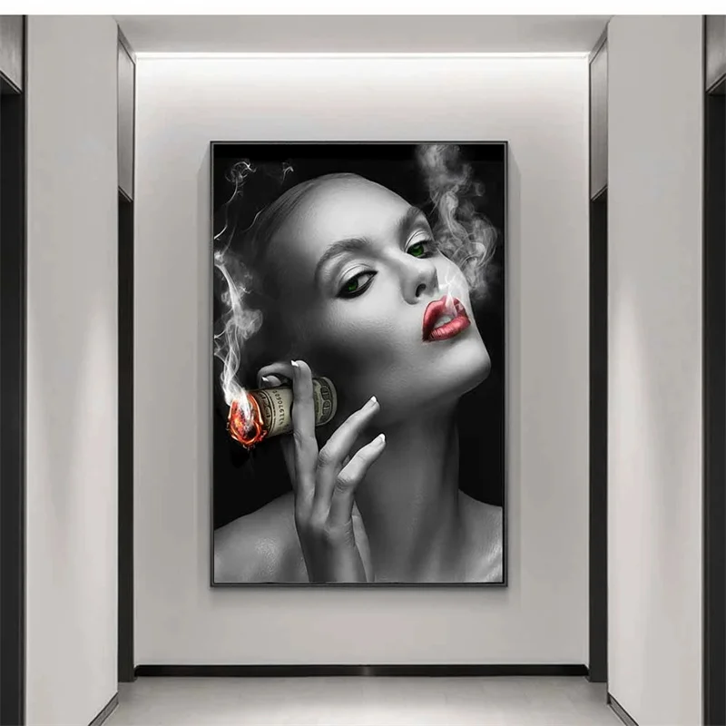 

Sexy Red Lips Smoking Money Girl Art Canvas Print Painting Cool Girl Wall Picture Modern Living Room Bar Home Decoration Poster