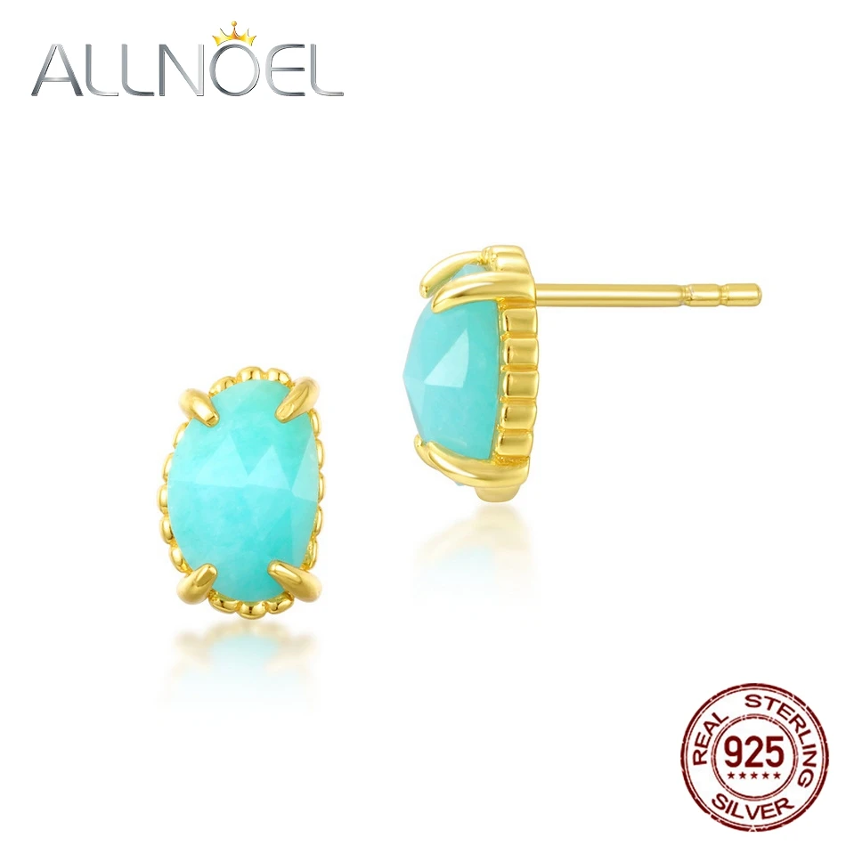 

ALLNOEL 925 Sterling Silver Earrings Woman Exquisite Design Amazonite Stud Earrings for Women Gold Plating Fine Jewelry 2022 New