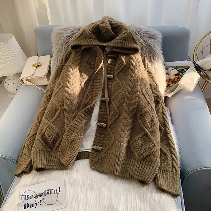 

Harajuku Horn Buttons Hooded Cable-knit Sweater Coat Autumn Winter Warm Loose Sweater Coat Fashion Long Sleeve Cardigan Sweater
