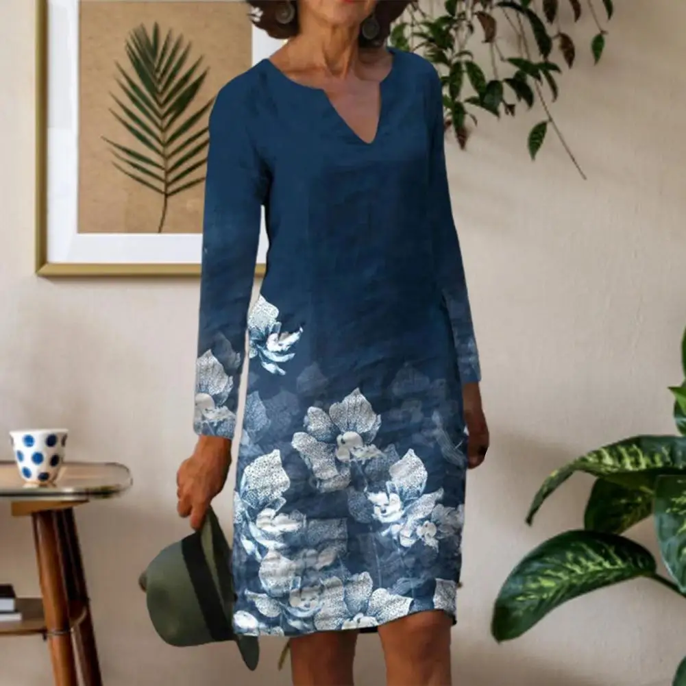 

Women Elegant Casual Retro V-Neck Long Sleeve Midi Dress Autumn Floral Print A-Line Party Dress for Banquet Daily Streetwear