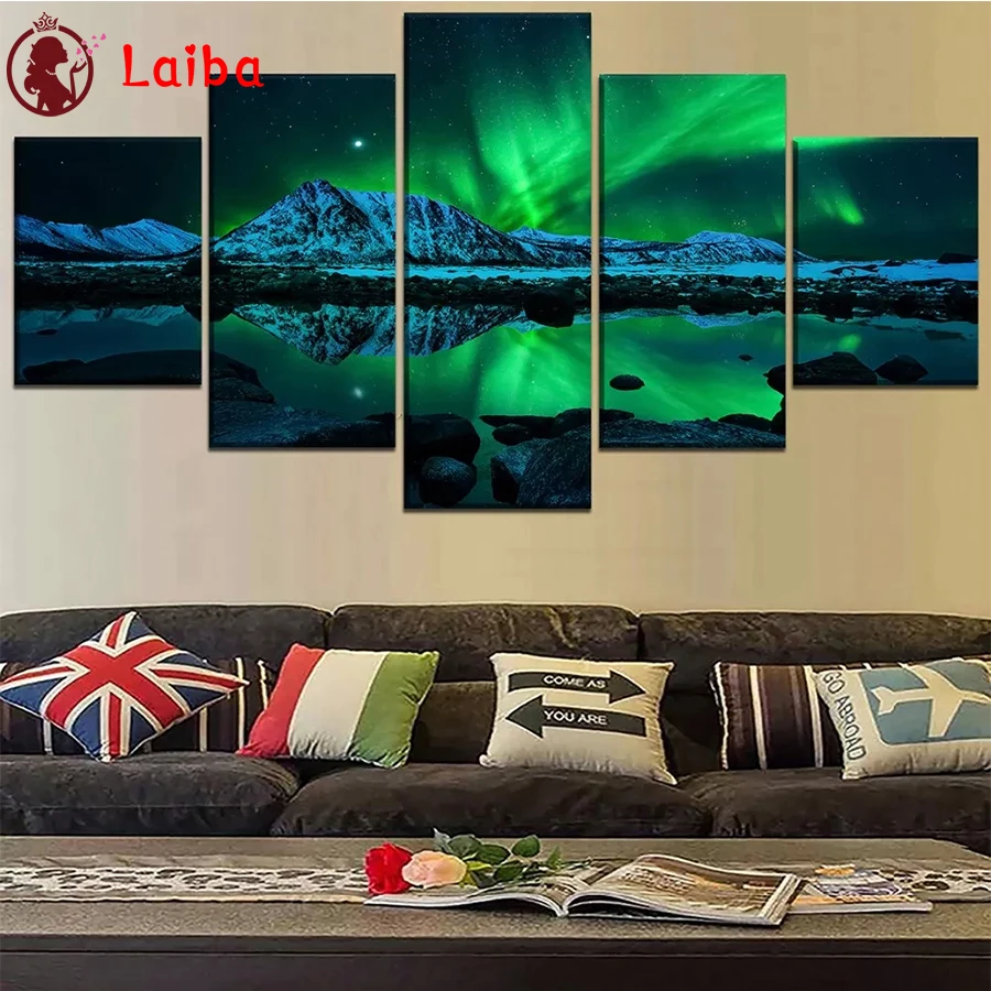 

DIY Diamond Painting Natural scenery mountain lake aurora Diamond Mosaic Full Drill Square Cross Stitch Handmade Hobby 5pcs