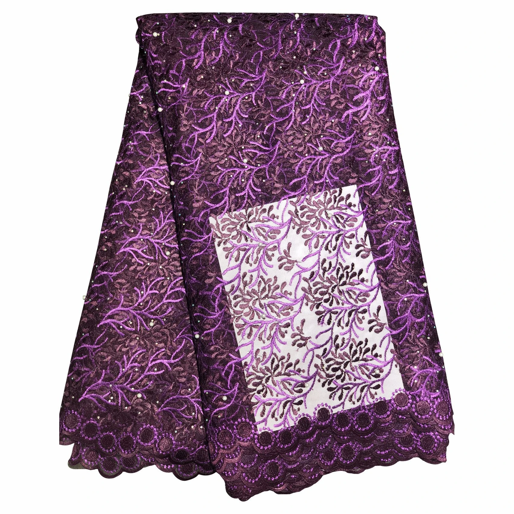 Африканский материал вышитая бисером кружевная ткань для свадьбы фиолетовая