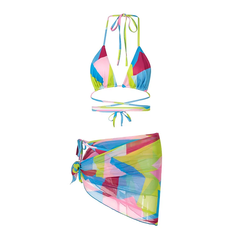 

Bohemian sexy swimsuit 2021 summer women's tether printed swimsuit three-piece miniskirt sling suit hot spring beach suit