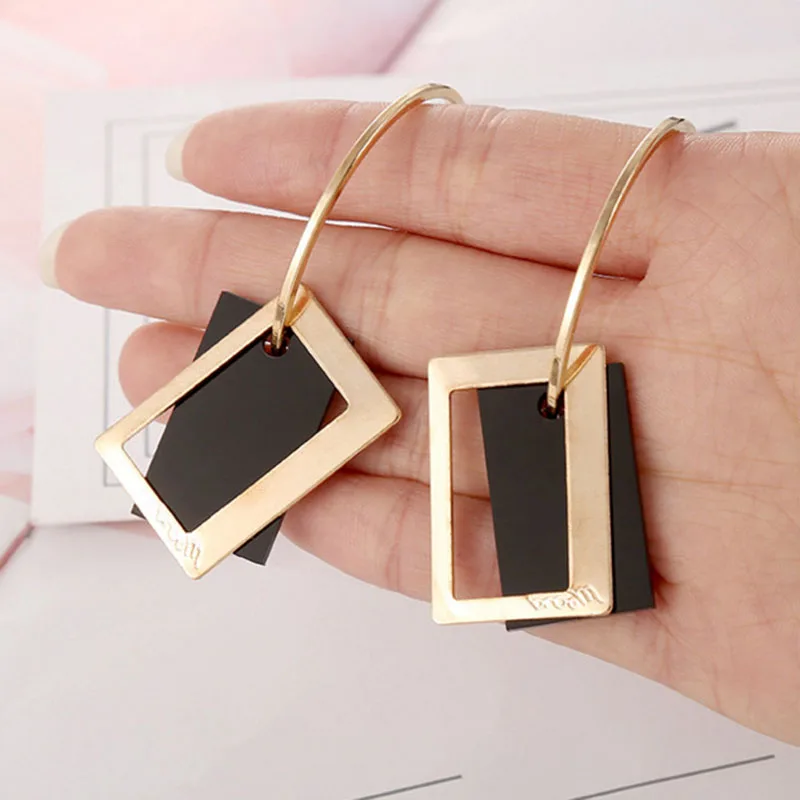 

2021 Geometric Square Earrings for Women Hanging Dangle Earrings Gold Black Color Fashion Statement Earrings Female Jewelry