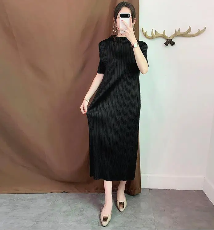 Miyake плиссированное платье длинный участок Тонкий темперамент плиссированные осенние платья с пышной юбкой Большие размеры женские