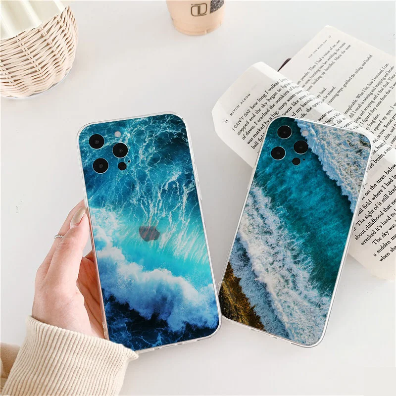 

Sea Water Blue Wave Clear Phone Case For iPhone 7 8 Plus SE 2020 11 12 13 Pro Max X XR XS MAX Transparent Back Cover Funda Shell
