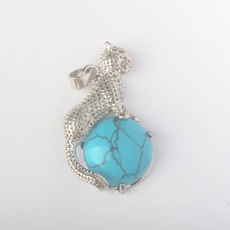 Blue Turquoise Новое поступление натуральный камень тигровый глаз Медь животных Подвески "Леопард" Шарм ювелирные изделия 1 шт - Окраска металла: Blue Turquoise