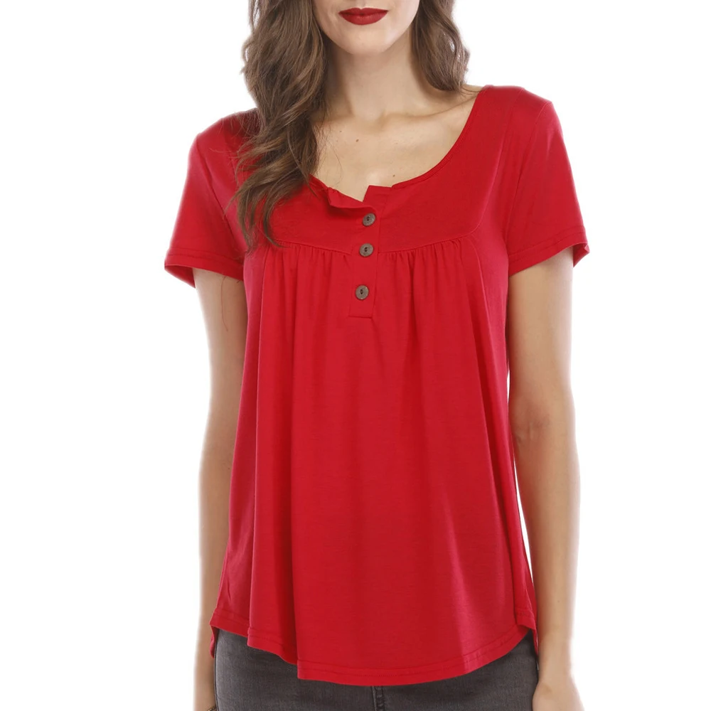 2021 Summer Short Sleeve Casual T-Shirt O-Neck Buttons Female Apring Solid Loose Tees Women Elegant Plain Tops 10 Colors | Женская
