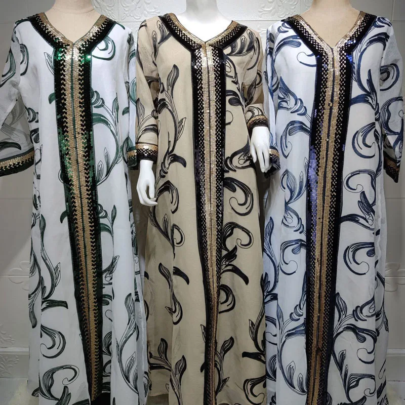 

New Eid Mubarak Muslim Fashion Abaya Dress Robe for Women Embroidery Sequins Moroccan Dubai Islamic Kaftan Turkey Print Jalabiya