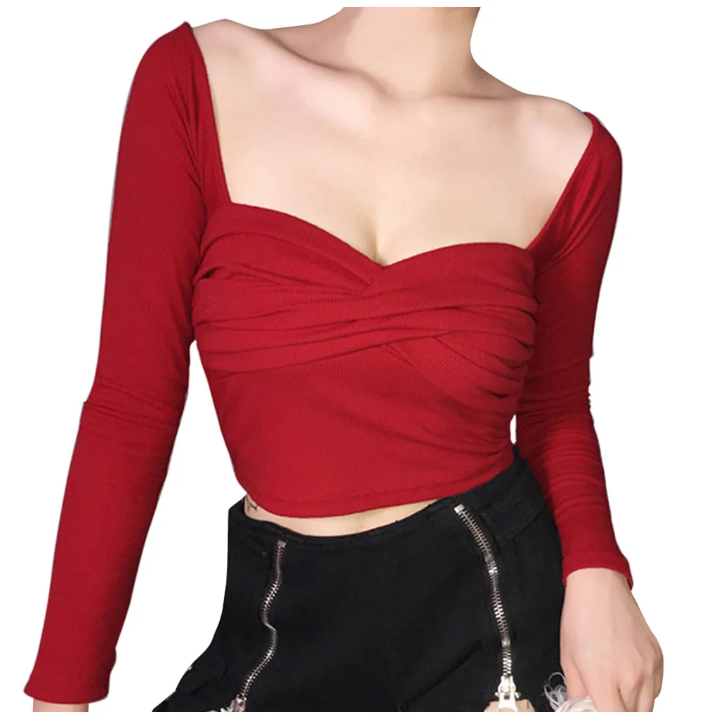 Топы футболки женские хипстерские топы с v образным вырезом и длинными рукавами