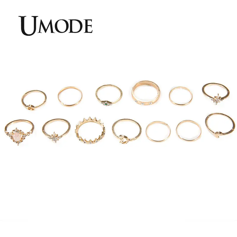 UMODE, 12 шт., Золотая Корона, кольца для женщин и девочек, кольца с Луной, набор, кольца на палец в форме сердца, опал, женская мода, ювелирные изделия, подарки, PR0225