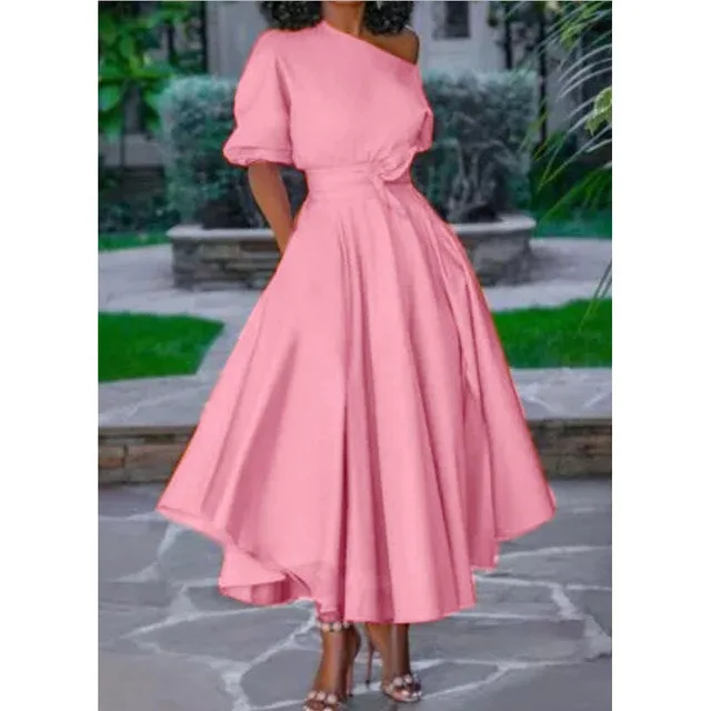 

2021 New fashion Arrivals spring and summer Elegant one-shoulder lace-up waist mid-length dress