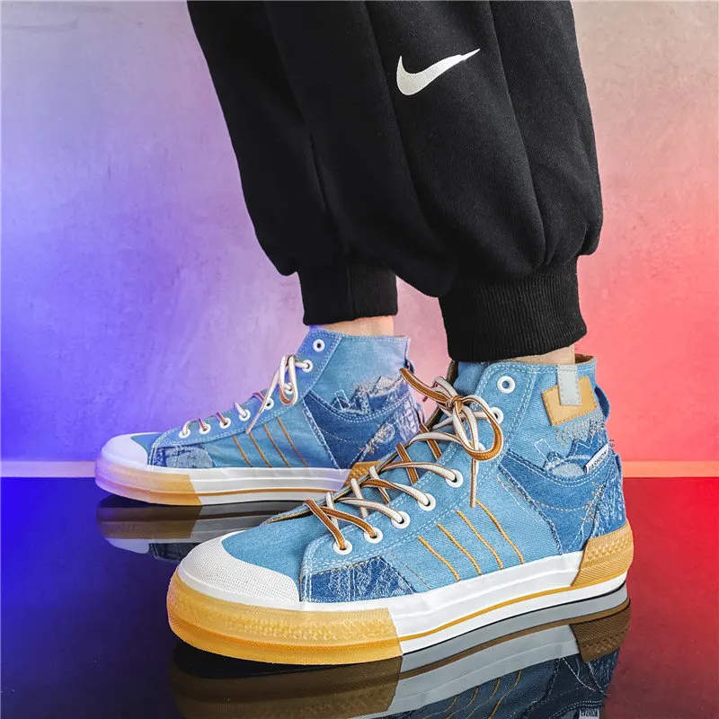 

Fashion Blue Denim Canvas Sneakers Men High Top Men Vulcanized Shoes Casual Designer Sneakers Men Espadrilles zapatos de lona
