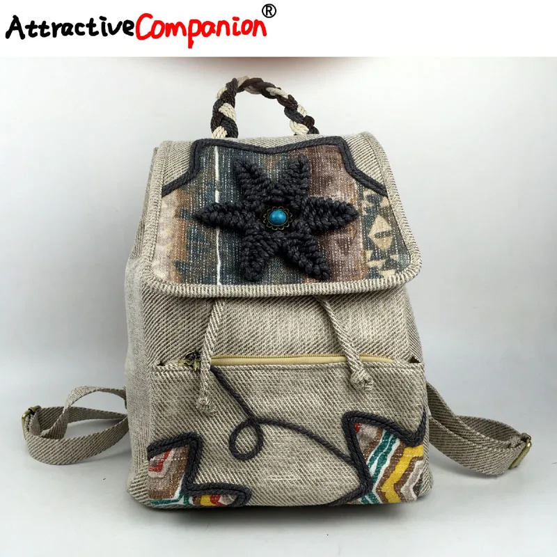 Модный этнический женский льняной рюкзак ручной вязки с вышивкой вощеной нитью