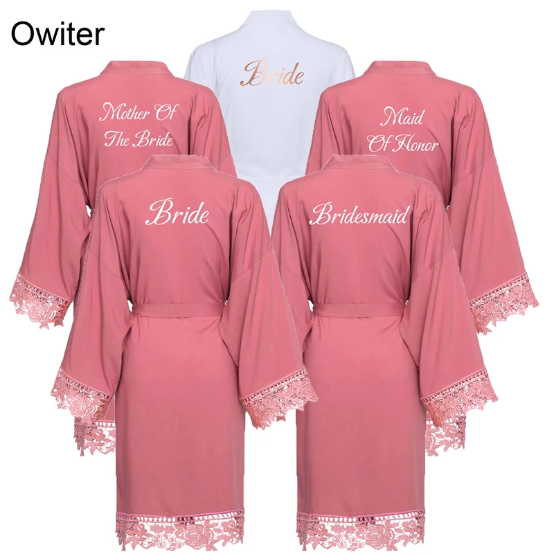 Bride Bridesmaid Robes Rayon Cotton Kimono Robes with Lace Robe Women Wedding Bridal Robe Party Gift Bathrobe Dusty Pink