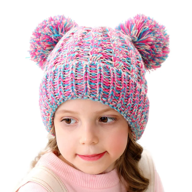 

Winter Warm Knitting Hat With Double Pompom Children Cute Colorful Knitted Thicken Hat For Boys Girls Kids Clothing Accessories