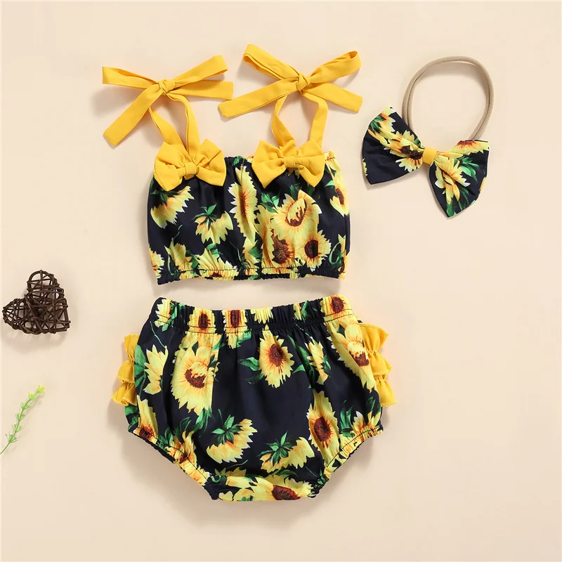 

Комплект одежды из 3 предметов для маленьких девочек, милые летние детские платья с Комплекты одежды, принт подсолнечника без рукавов на под...