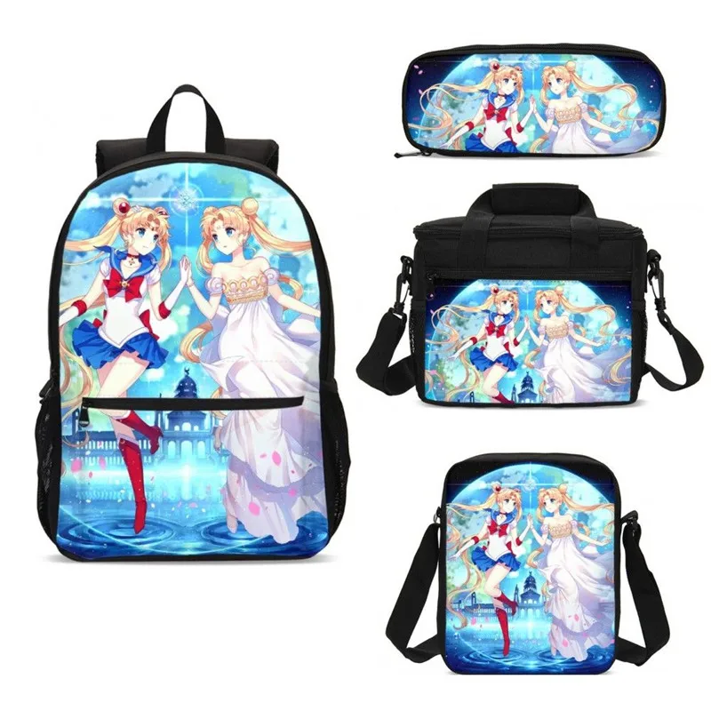 4Pcs/Set Portfolio School Bags For Girls Anime Cartoon Sailor Moon 3D Printing Backpacks Ice Bag Kids Bookbag Mochila Escolar | Багаж и