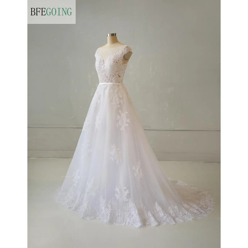

White Lace Tulle Scoop Cap Sleeves Floor-Length A-Line Wedding Dress Chapel Train Bridal Gown Custom Made